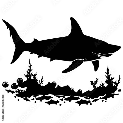 Silhouette of a Shark Swimming Beneath the Ocean Surface With Coral and Bubbles