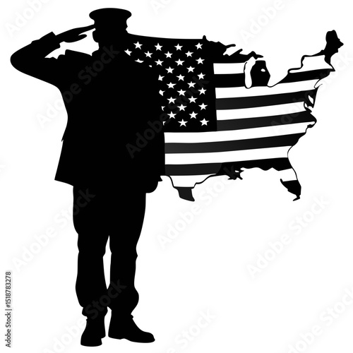 Silhouette of Soldier Saluting Against Outline of America Featuring Flag Design