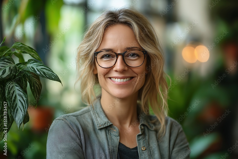 Smiling Woman in Glasses Exuding Confidence and Warmth in a Greenery-Accented Indoor Professional Setting Smiling Woman in Glasses Exuding Confidence and Warmth in a Greenery-Accented Indoor Professional Setting