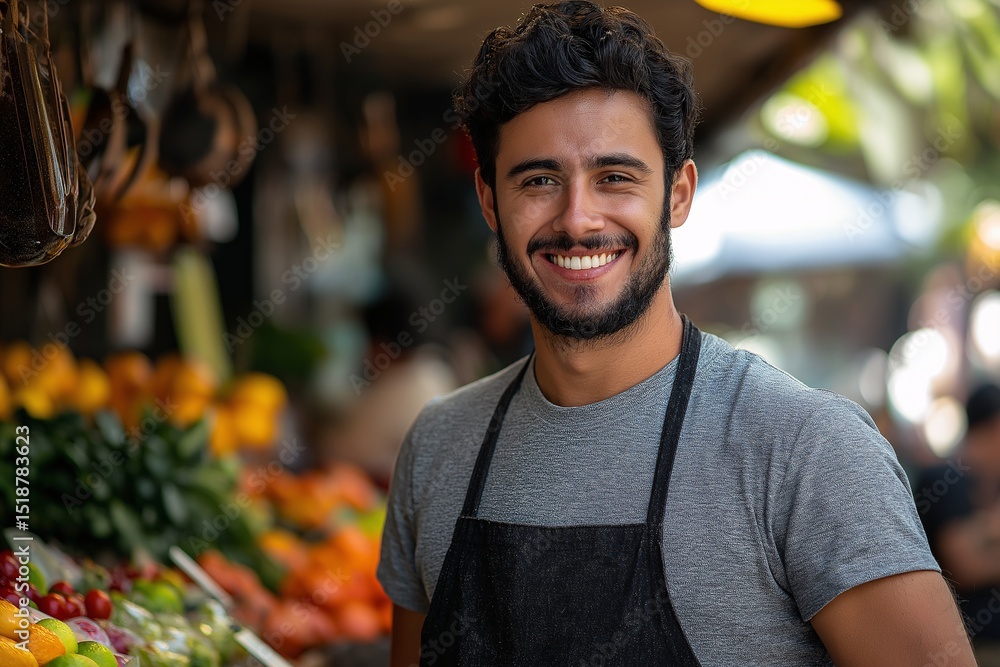 Smiling Male Vendor in Apron Selling Fresh Produce at Local Urban Market at Sunset Smiling Male Vendor in Apron Selling Fresh Produce at Local Urban Market at Sunset