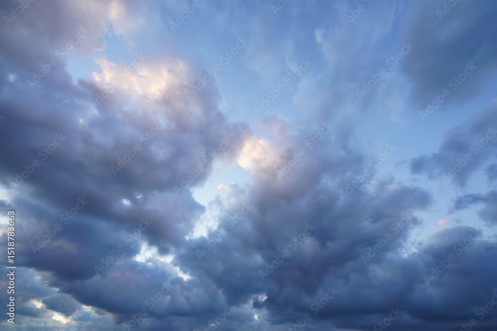 Obraz premium Expansive sky filled with dramatic, dark storm clouds partially illuminated by soft sunlight during dusk or dawn