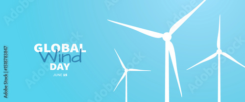 World wind day 15 june poster with windmills on blue background. White silhouettes of wind turbines. Wind towers with vanes for producing renewable alternative natural energy. Vector illustration