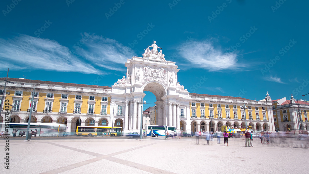 Naklejka premium Commerce Square in downtown Lisbon, one of the largest squares in Europe timelapse hyperlapse