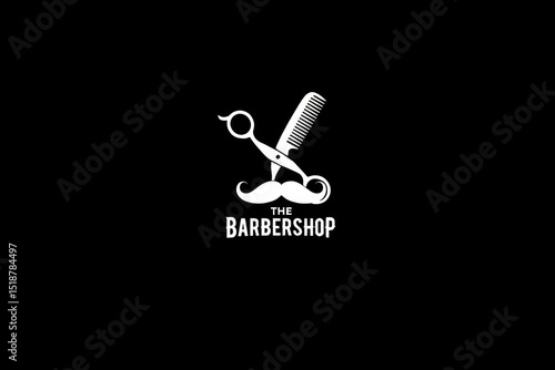 Minimalistic black and white barber shop logo featuring scissors and comb forming a mustache shape with bold text below