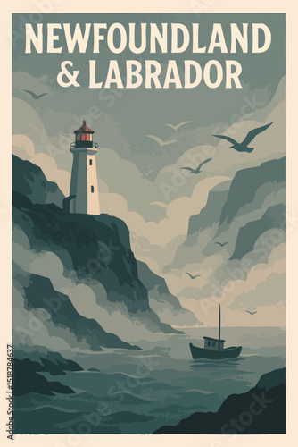 Newfoundland and Labrador Poster – Lighthouse, Fog and Coastal Boat Vector

