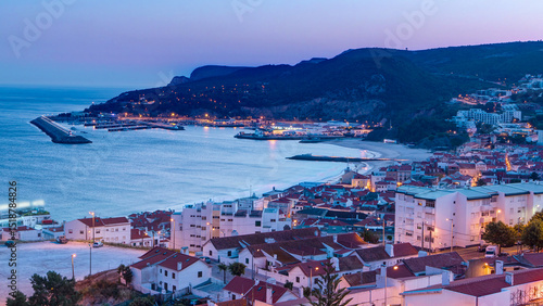 Obraz na płótnie Twilight after sunset in Sesimbra, Portugal timelapse