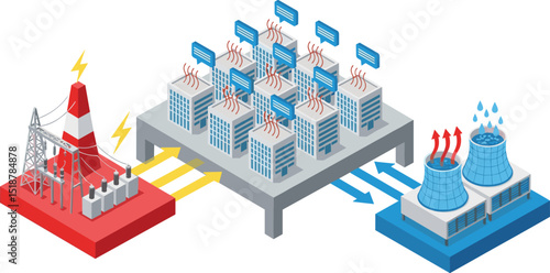 Essential resources powering an AI driven chat bot data center including electricity supply cooling system and high density server infrastructure digrame