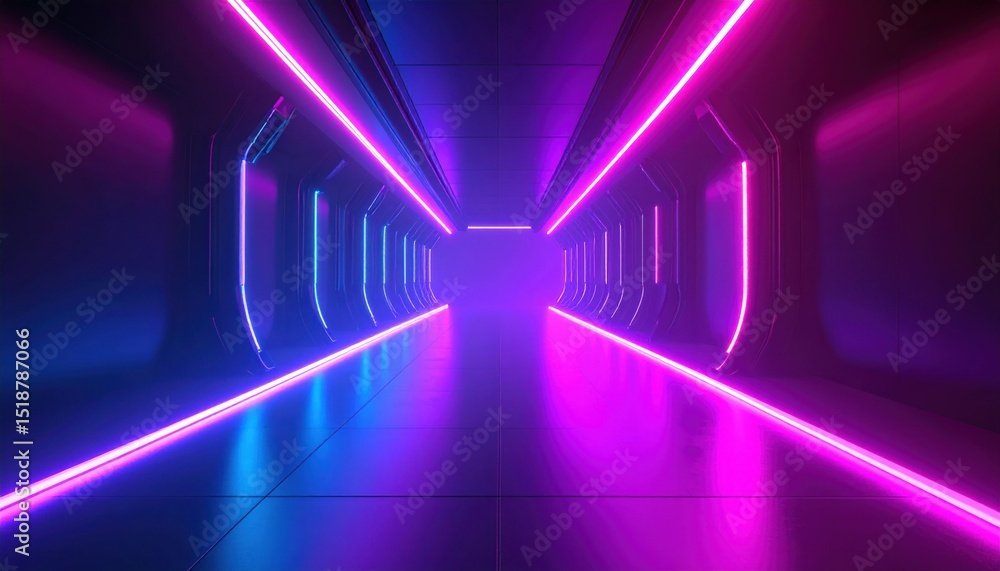 Vaporwave Chrome Corridor with Glowing Blue and Purple Floor Lines in Purple Haze Futuristic Design and Abstract Geometry and Neon Illumination in a Modern Interior Architecture Vaporwave Chrome Corridor with Glowing Blue and Purple Floor Lines in Purple Haze Futuristic Design and Abstract Geometry and Neon Illumination in a Modern Interior Architecture