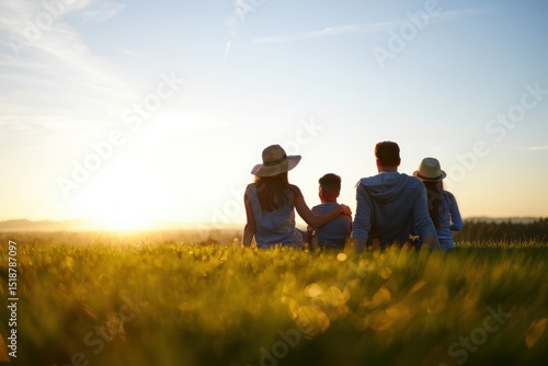 Family of four sitting together on grass field watching bright sunset with backs to camera, enjoying peaceful outdoor moment