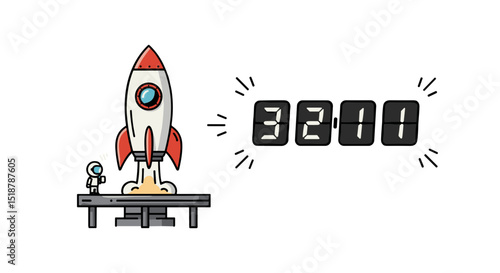 Astronaut rocket launch countdown flat art