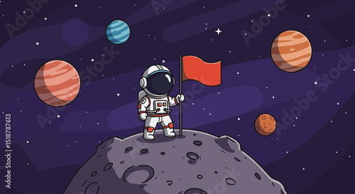 Astronaut with flag on moon among planets