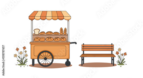 Bakery cart with bread loaves near park bench