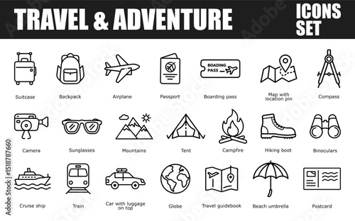 A clean, minimalist set of line icons representing various elements of travel and adventure, including luggage, transportation, outdoor gear, and navigational tools.