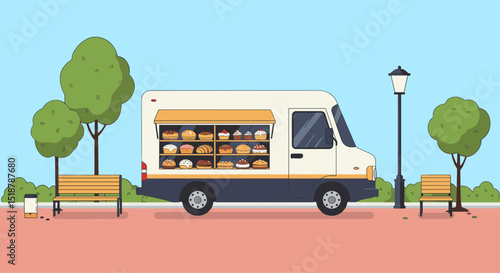 Bakery truck in park outdoor scene