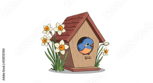 Birdhouse with bird and daffodils spring season