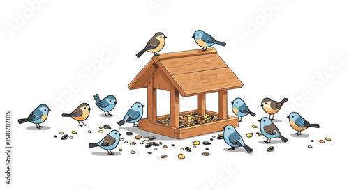 Birds at birdhouse feeding on seeds
