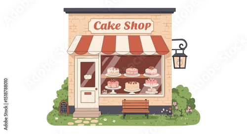 Cake shop storefront with awning and window display