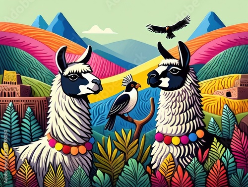 Colorful vibrant landscape featuring two llamas with decorative collars, tropical plants, a bird perched on a branch, a flying bird, geometric hills, and ancient ruins under a bright sky