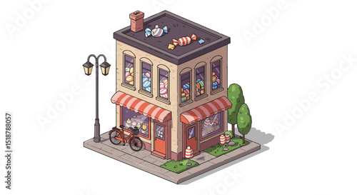 Candy shop building isometric view neighborhood concept