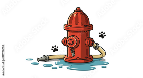Cartoon fire hydrant with water and paw prints
