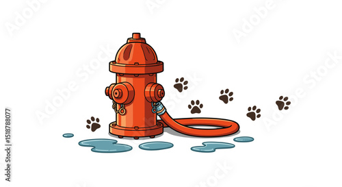 Cartoon fire hydrant with hose and paw prints