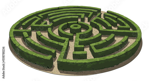 Circular hedge maze, garden landscape, challenging pursuit