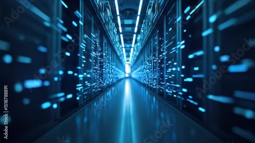 Wallpaper Mural Walking Through Data Center with Server Racks and Blue Lights Slow Motion Torontodigital.ca