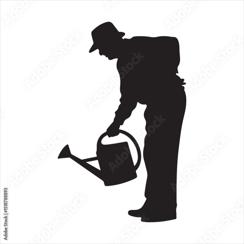 Elderly Gardener Silhouette: Man Watering Plants, Nature, and Outdoor Hobby.

