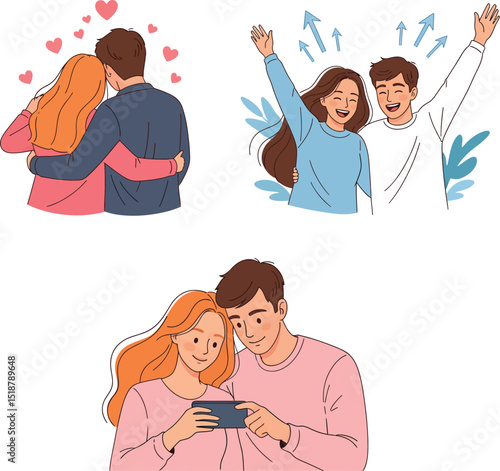 Romantic illustration of happy couples displaying affection in various scenes with love symbols
