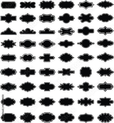 Collection of black and white vintage styled decorative labels, badges, and frames for designs