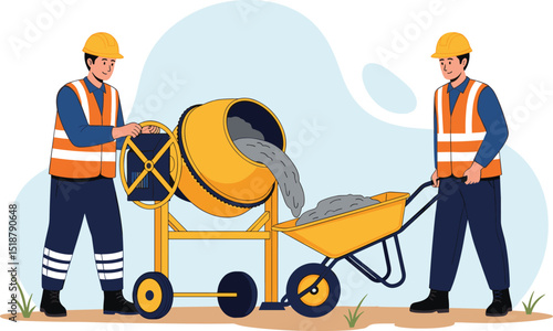 Construction workers mixing and transporting concrete with proper safety gear and equipment according to industrial work standards on site