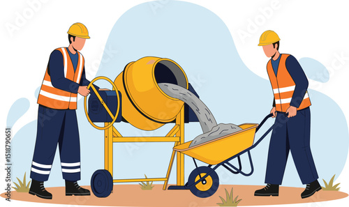 Construction workers mixing and transporting concrete with proper safety gear and equipment according to industrial work standards on site