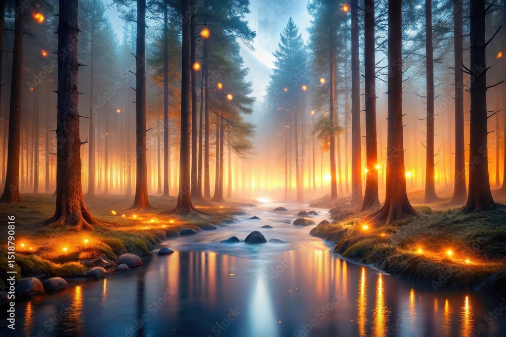 Obraz premium Enchanted Forest Stream at Golden Hour Mystical Glow Illuminates a Serene River Winding Through Tall Trees