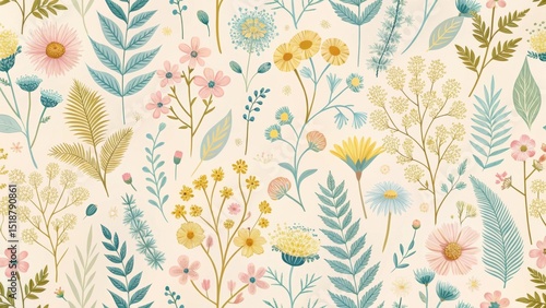 A Delicate Garden of Pastel Blossoms and Verdant Foliage, a Seamless Floral Pattern Ideal for Textile Designs and Springtime Decor