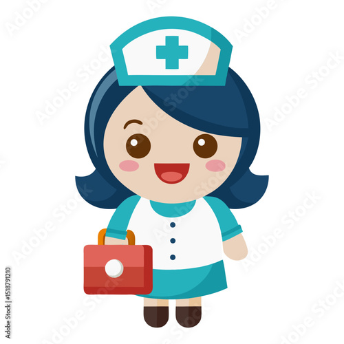 A charming cartoon nurse character with a friendly expression, wearing a white and teal uniform with a matching hat featuring a cross, and holding a red first-aid kit, symbolizing healthcare,