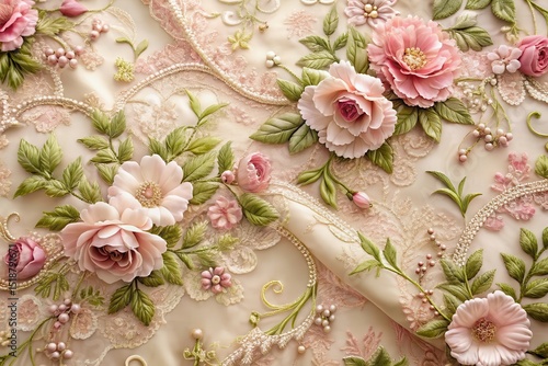 Delicate Floral Embroidery on Luxurious Fabric with Pearl Accents and Intricate Lacework