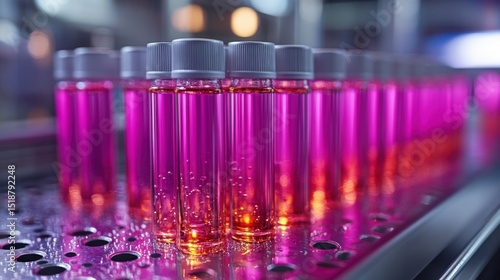 Rows of Capped Test Tubes with Pink Liquid on Perforated Metal Rack