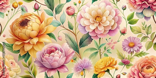 A Delicate Tapestry of Exquisitely Rendered Blossoms and Lush Foliage, a Vibrant Floral Symphony in Pastel Hues