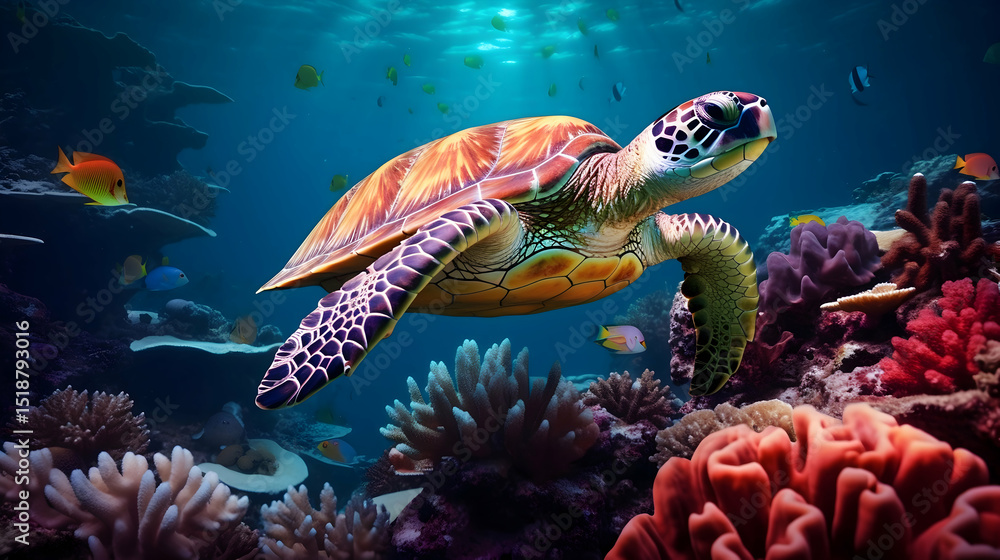 Naklejka premium coral reef and sea turtle