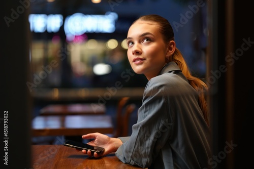 Young woman with ponytail sitting at a wooden table in a dimly lit cafe holding a smartphone and looking thoughtfully upward
