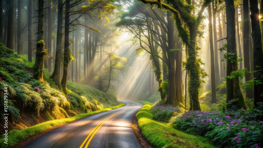 Obraz premium Sunlit Path Through a Mystical Forest with Blooming Wildflowers and a Winding Road