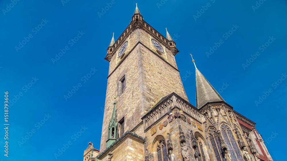 Fototapeta premium Old Town City Hall in Prague timelapse, view from Old Town Square, Czech Republic