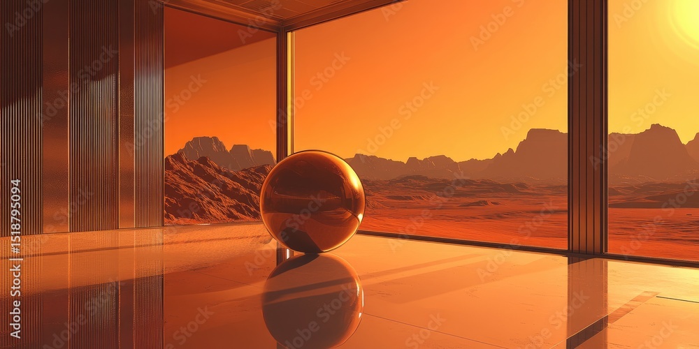 Fototapeta premium Martian Reflection Sphere in room with view of a desert landscape and orange sky