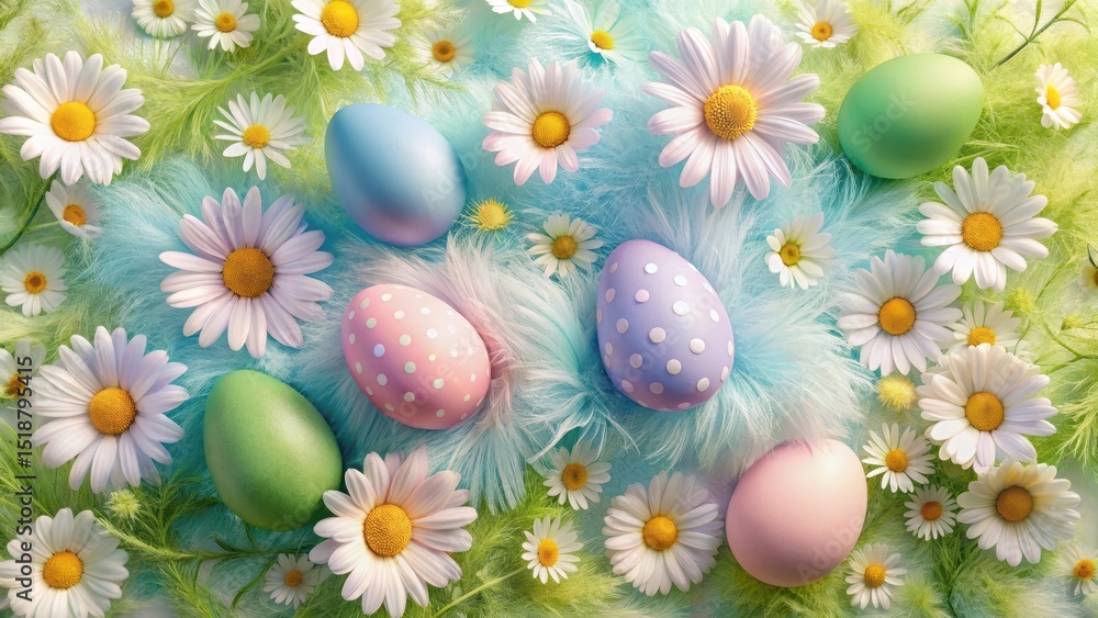 Pastel Easter Eggs Nestled Among Daisies and Soft Blue Fluff Pastel Easter Eggs Nestled Among Daisies and Soft Blue Fluff