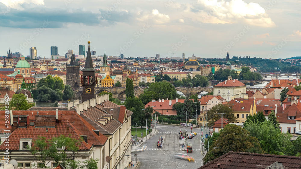 Aerial view of the Old Town pier architecture and Charles Bridge over Vltava river timelapse in Praha. Prague, Czech Republic. Aerial view of the Old Town pier architecture and Charles Bridge over Vltava river timelapse in Praha. Prague, Czech Republic.