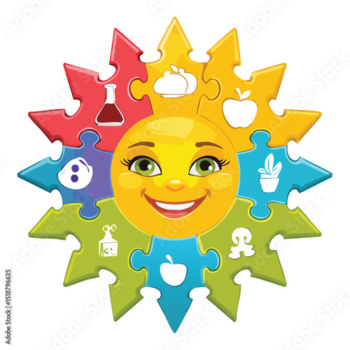 Colorful vector illustration of a smiling sun surrounded by puzzle pieces, each displaying an educational subject icon including chemistry, art, science, chess, books, and nature. A vibrant learning c