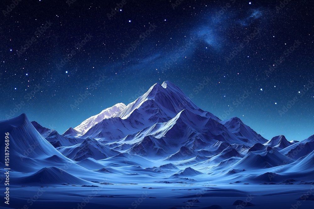 Fototapeta premium Starry Night Over Snow-Capped Mountain Peaks. A Serene Winter Landscape in Moonlit Wilderness
