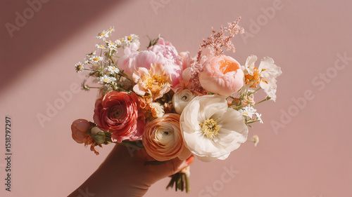 手に持つ春色ブーケとピンク背景