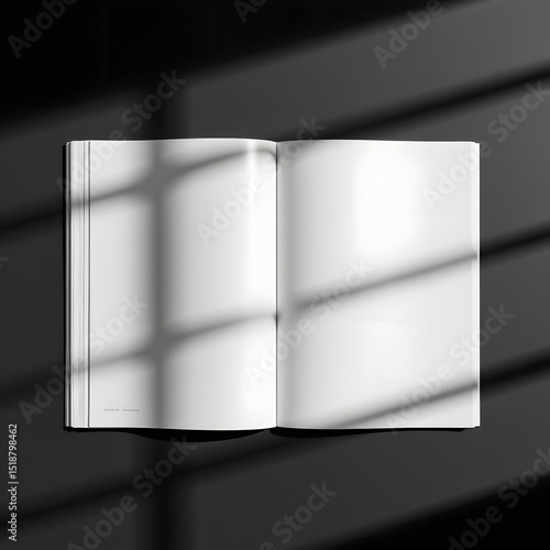 Editorial, open magazine spread with asymmetrical layout, on matte black acrylic surface