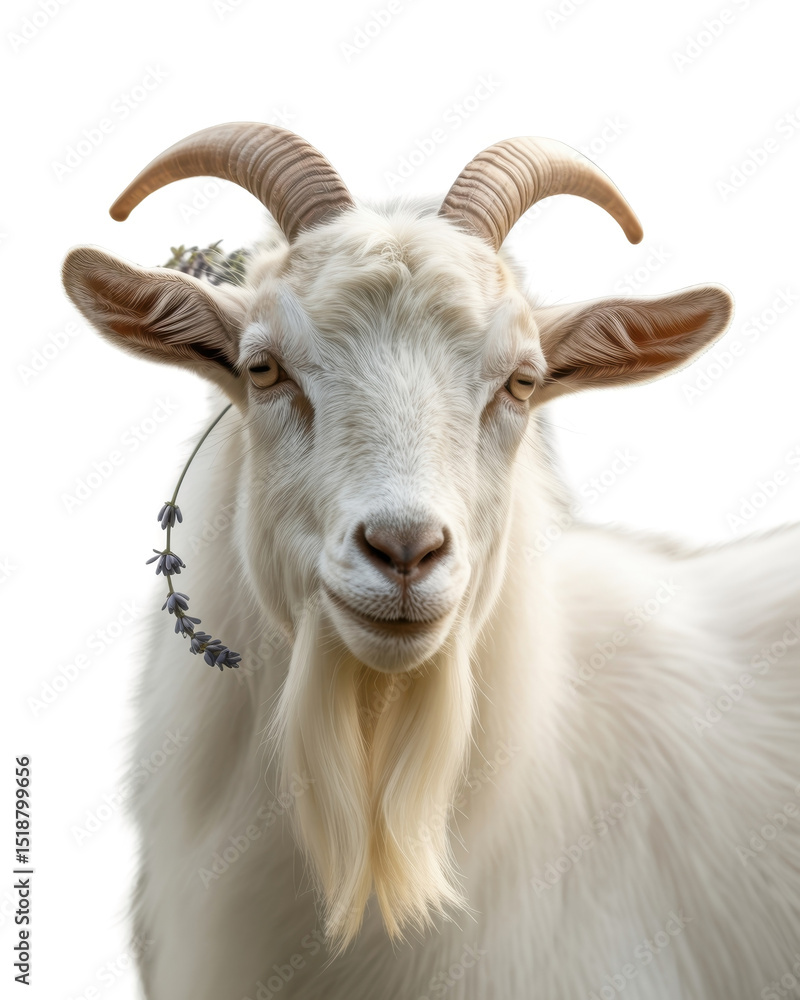 Goat close-up with lavender flower Goat close-up with lavender flower